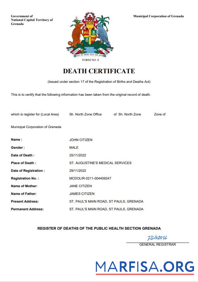 Printable Grenada vital record death certificate Word and PDF template